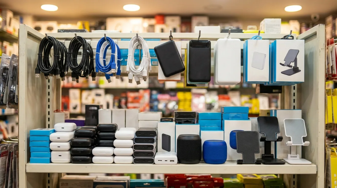 Mobile accessories on a shop shelf