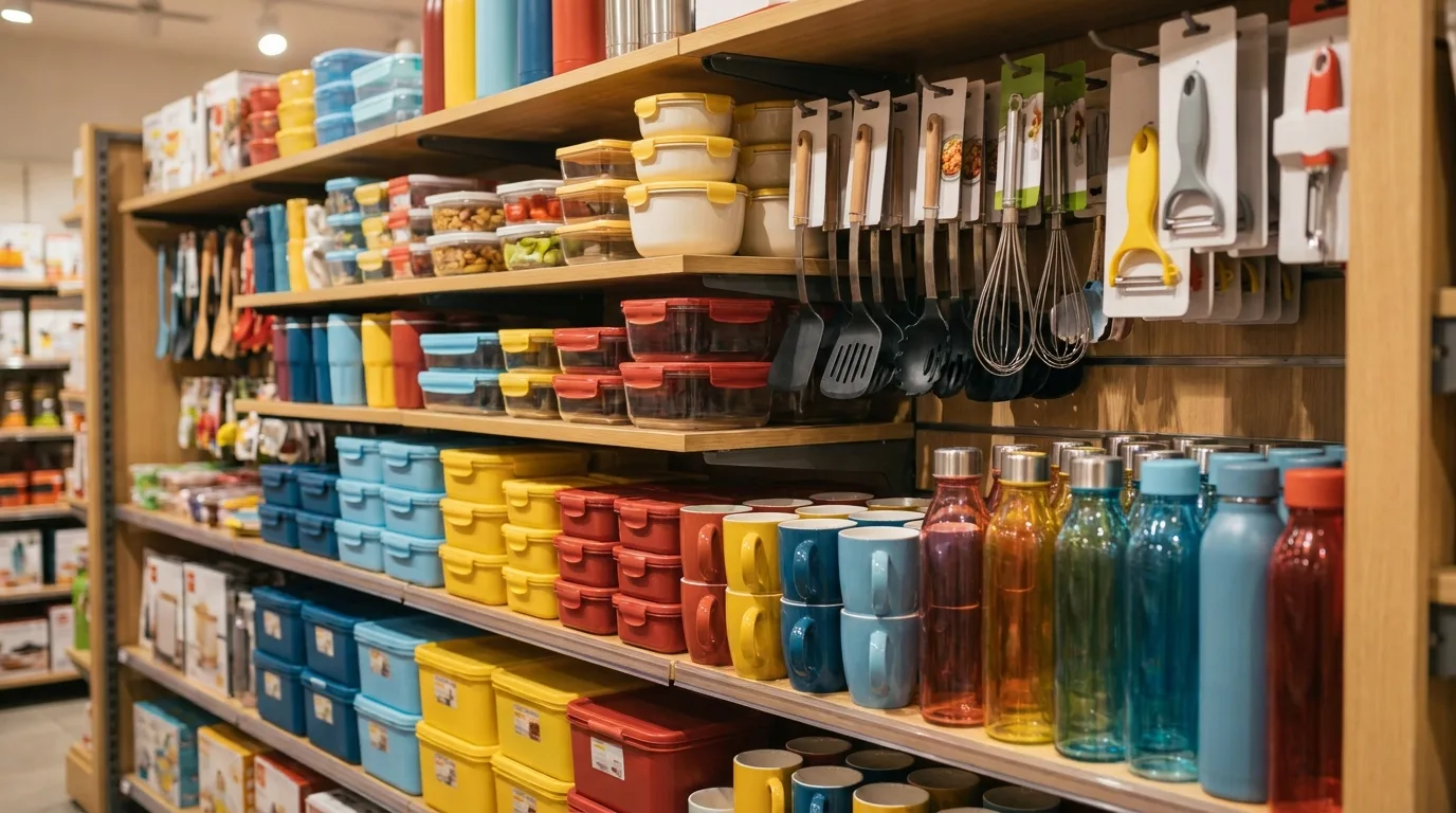 Home and kitchen goods on a shop shelf