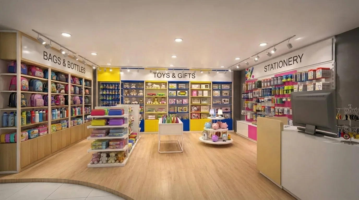 The sample store: bags and bottles on the left run, toys and gifts on the back wall, stationery on the right
